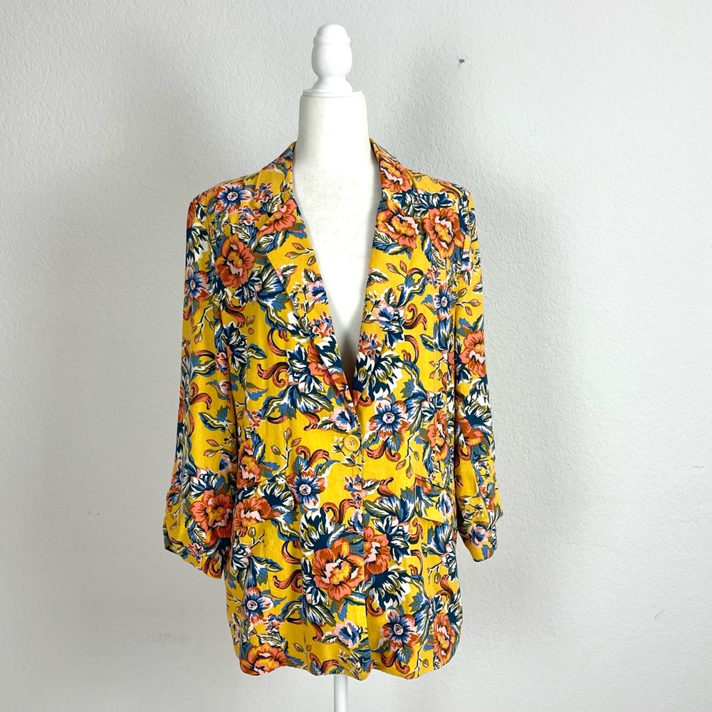 BP. Women Floral Yellow Linen Blend Blazer Sz. M - Picture 3 of 9
